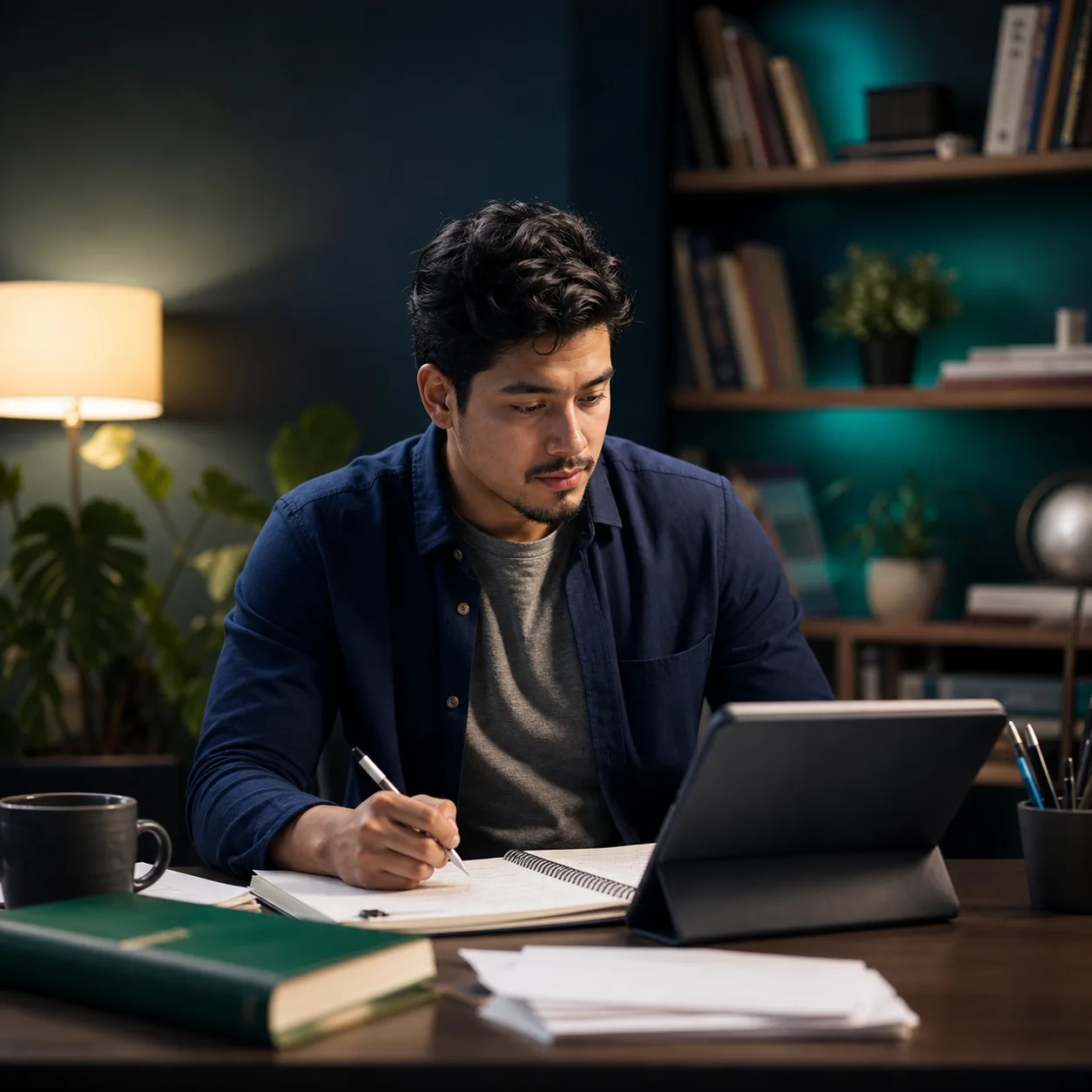 Applicant preparing for a naturalization interview with study notes and a tablet