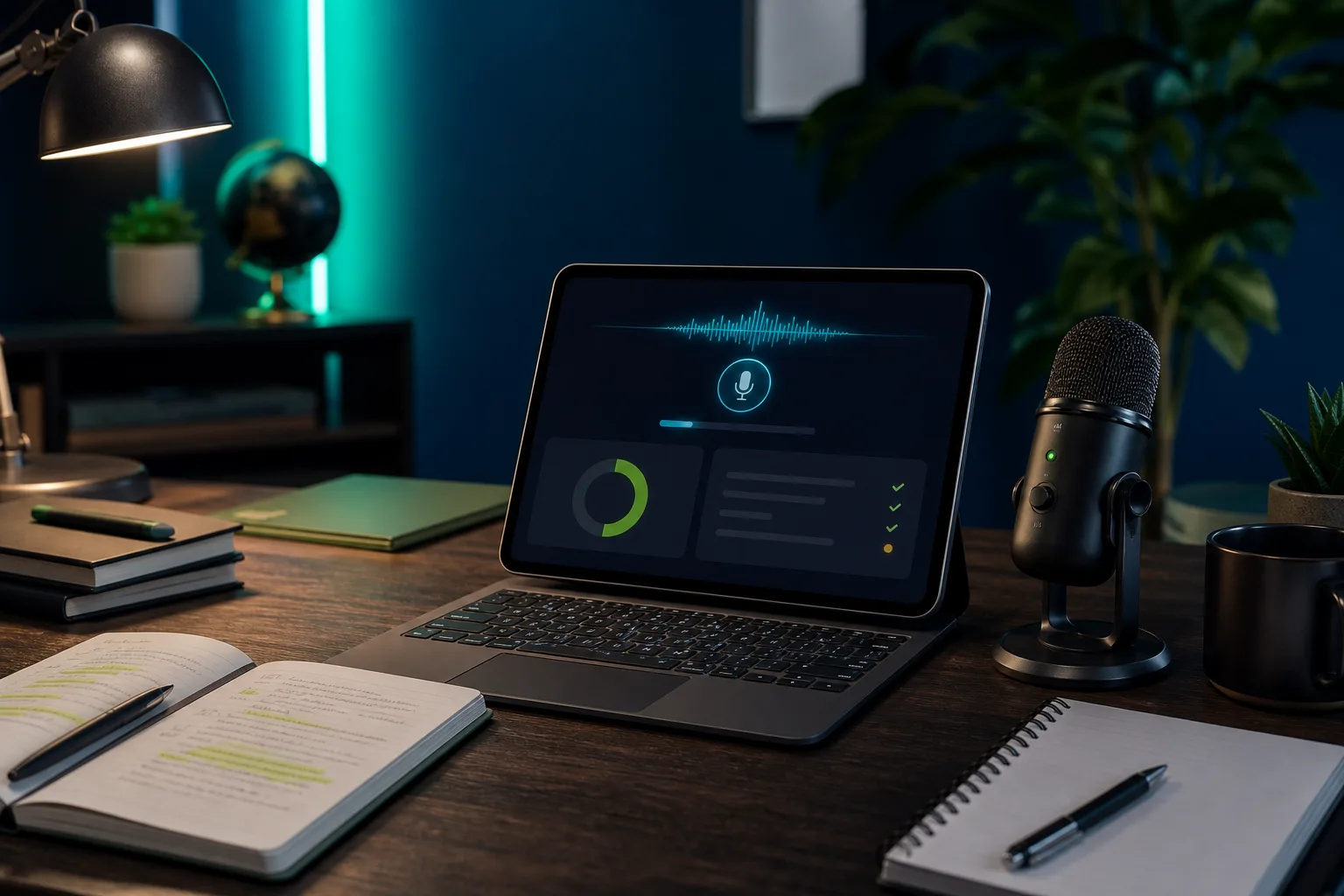 Voice-based interview practice setup with study notes and a microphone