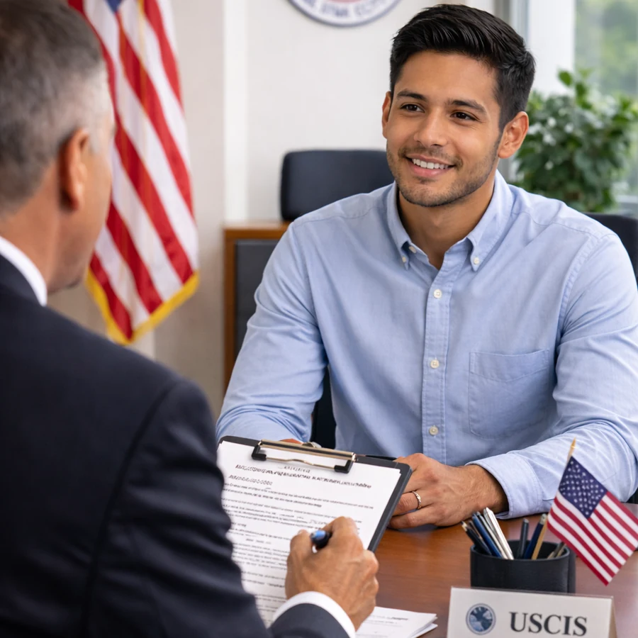 Applicant in a naturalization interview practice setting